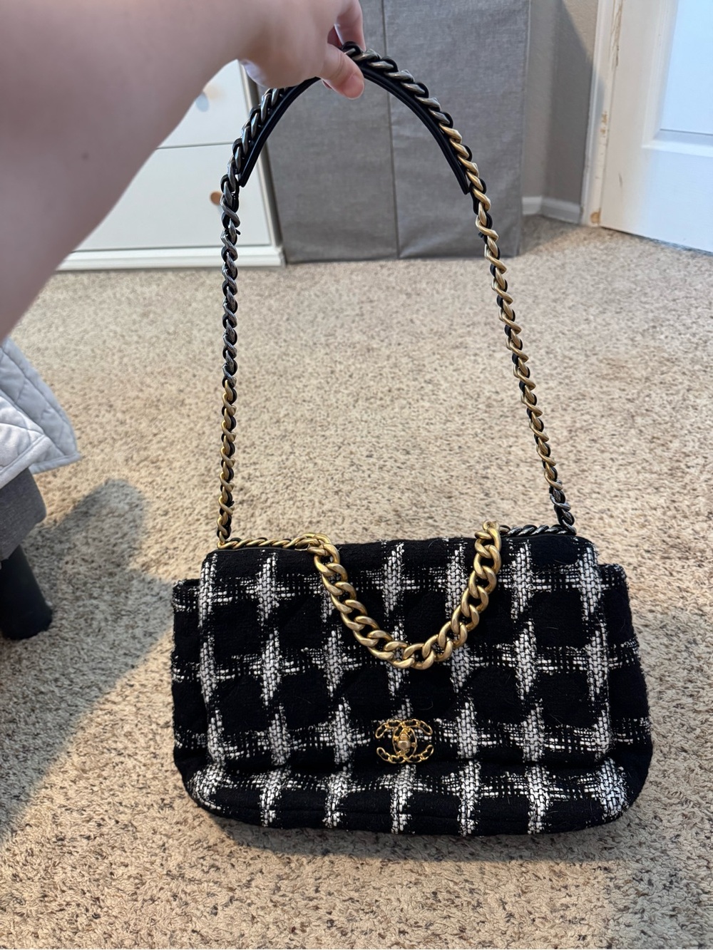CHANEL Black & White Houndstooth Tweed C19 Maxi Bag